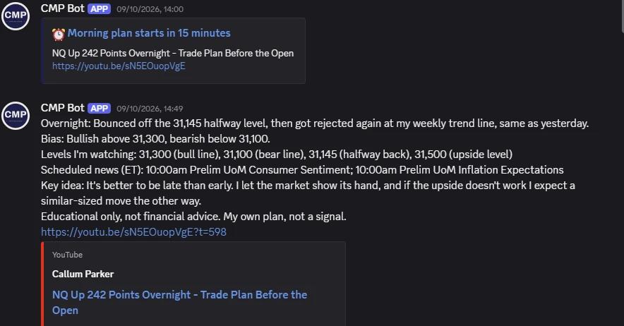 CMP Bot's morning plan post in the free Discord: overnight read, bias, levels, scheduled news and the key idea, with a link to the 9:15 ET stream