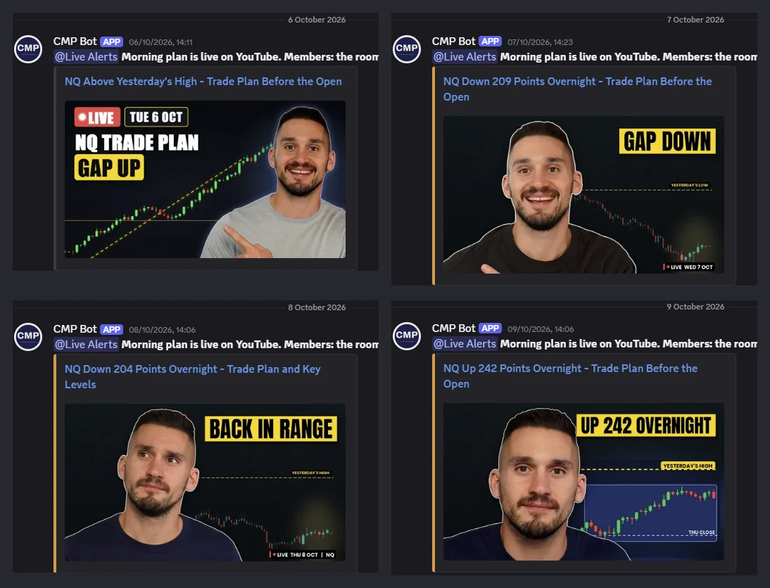 The #live-now channel in the free Discord: a 'Morning plan is live on YouTube' post with its thumbnail for each weekday, Tuesday 6 to Friday 9 October