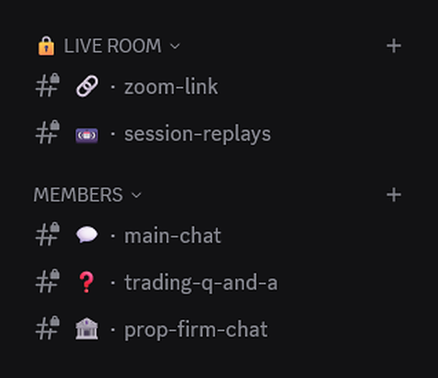 The members-only channels in the CMP Discord: zoom-link and session-replays under Live Room, plus main-chat, trading-q-and-a and prop-firm-chat